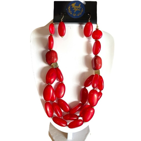 Red Necklace Set Red Bridal Jewelry Set Holiday Party Formal Dress Jewelry - Picture 3 of 4